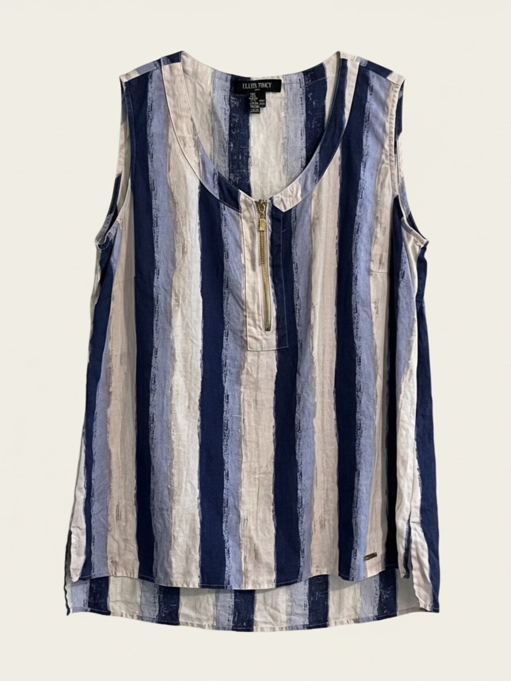 Ellen Tracy Blue and Off-White Striped Linen Zip-Front Sleeveless Tank Size XL